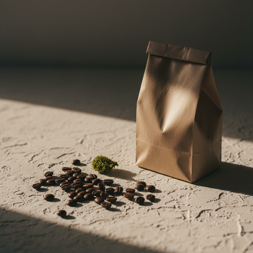 Single-origin coffee beans on warm plaster