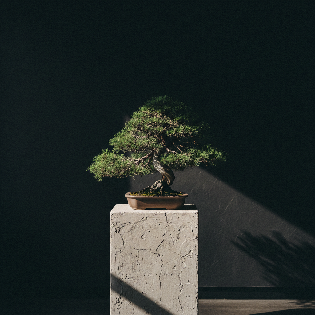 The house's single living bonsai on a plaster pedestal — the philosophy beside the coffee
