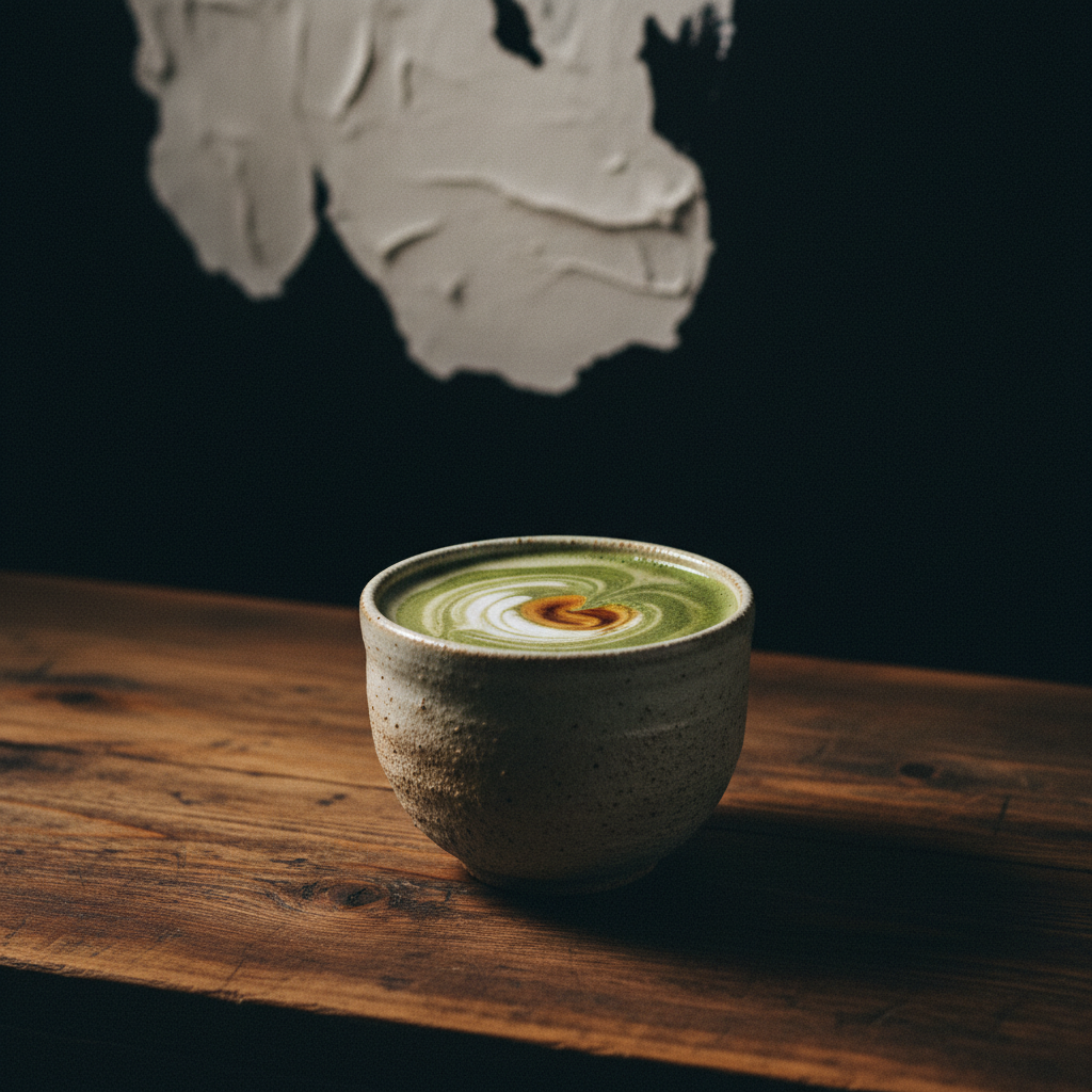 A ceramic cup of matcha latte with espresso poured through